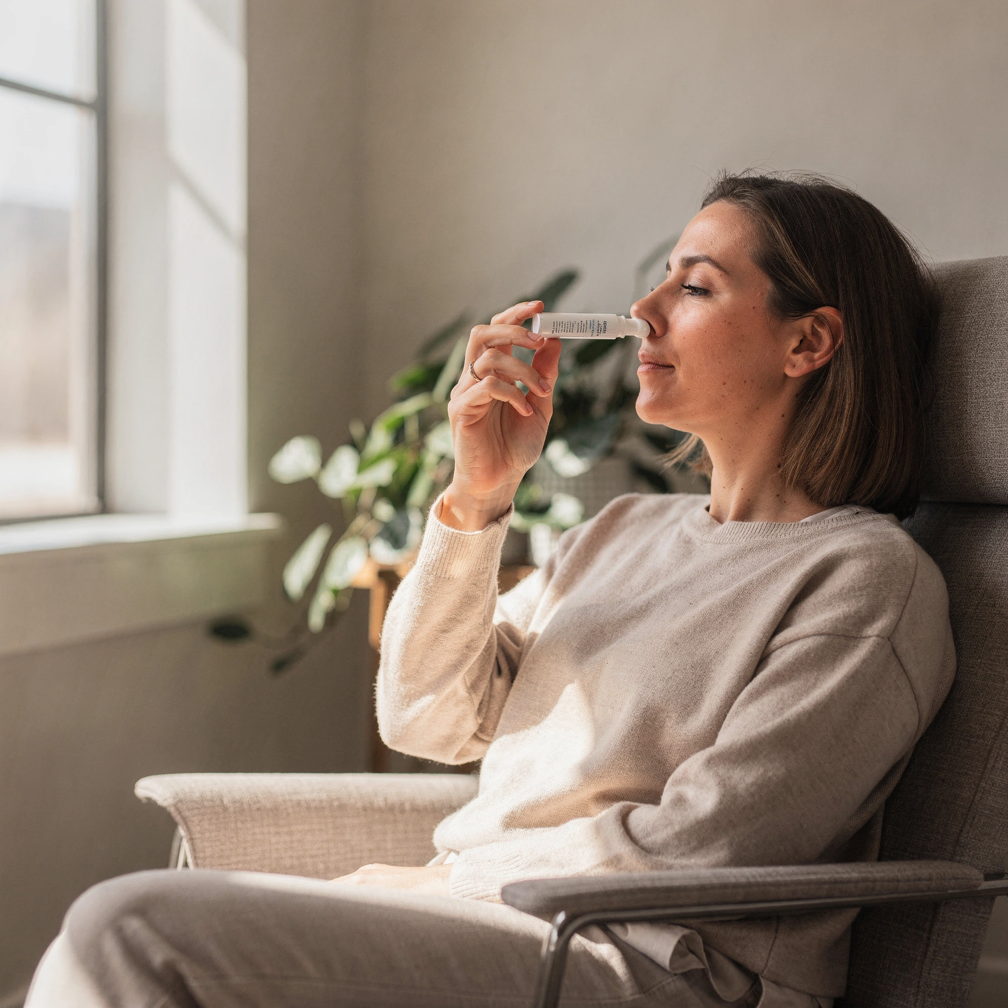 Patient self-administering Spravato nasal spray during treatment at Myndful Wellness